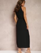 bisou's project Rochie Negră cu Decolteu Halter cu Curea din Material în Talie și Aplicații 3D Dimnnia