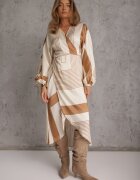 bisou's project Rochie petrecută tip kimono bej legată în talie decorată cu imprimeu geometric Erostta
