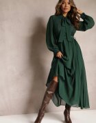 bisou's project Rochie Plisată Maxi Verde închis cu Dantelă și Curea Venila