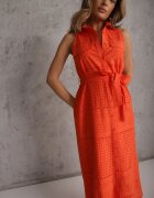 bisou's project Rochie Portocalie Ajurată din Bumbac cu Croială Tip Cămașă cu Centură din Material Vikiisara