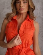 bisou's project Rochie Portocalie Ajurată din Bumbac cu Croială Tip Cămașă cu Centură din Material Vikiisara
