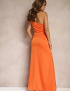 bisou's project Rochie Portocalie Asimetrică Din Satin cu Decupaj în Talie cu Șliț la Bază și Încrețituri Aledista