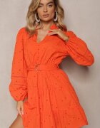 bisou's project Rochie portocalie din bumbac cu broderie cu nasturi cu elastic în talie și curea Weritte