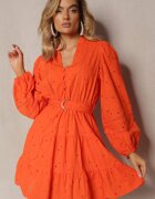 bisou's project Rochie portocalie din bumbac cu broderie cu nasturi cu elastic în talie și curea Weritte