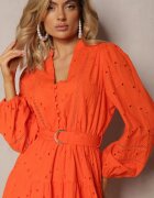 bisou's project Rochie portocalie din bumbac cu broderie cu nasturi cu elastic în talie și curea Weritte