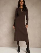 bisou's project Rochie Reiată Maro din Tricot cu Viscoză Decorată cu Aplicații Tusmeira