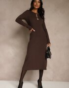 bisou's project Rochie Reiată Maro din Tricot cu Viscoză Decorată cu Aplicații Tusmeira