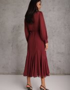 bisou's project Rochie Romantică Bordeaux cu Mâneci Bufante și Volan din Dantelă Sewmira