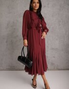 bisou's project Rochie Romantică Bordeaux cu Mâneci Bufante și Volan din Dantelă Sewmira