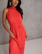 bisou's project Rochie Roșie cu Decolteu tip Halter cu Centură din Material în Talie și Aplicații 3D Dimnnia