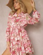 bisou's project Rochie Roz Mini cu Mâneci Lungi și cu Volan Decorată cu Model Floral Nadkira