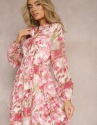 bisou's project Rochie Roz Mini cu Mâneci Lungi și cu Volan Decorată cu Model Floral Nadkira