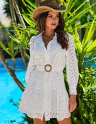 bisou's project Rochie Tip Cămașă Albă de Bumbac cu Centură și Broderie cu Decupaje Mici Clea