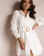 bisou's project Rochie Tip Cămașă Albă de Bumbac cu Centură și Broderie cu Decupaje Mici Clea