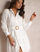 bisou's project Rochie Tip Cămașă Albă de Bumbac cu Centură și Broderie cu Decupaje Mici Clea