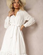 bisou's project Rochie tip cămașă Albă de bumbac cu nasturi și curea din material finisată cu dantelă Satala