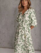 bisou's project Rochie Verde-Albă Din Viscoză Legată în Talie Cu Mâneci Decorative Nanea