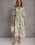 bisou's project Rochie Verde-Albă Din Viscoză Legată în Talie Cu Mâneci Decorative Nanea