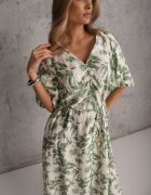 bisou's project Rochie Verde-Albă Din Viscoză Legată în Talie Cu Mâneci Decorative Nanea