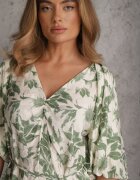 bisou's project Rochie Verde-Albă Din Viscoză Legată în Talie Cu Mâneci Decorative Nanea