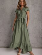 bisou's project Rochie Verde cu curea din material textil și viscoză finisată cu nasturi și volan Hanesi