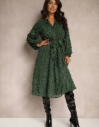 bisou's project Rochie Verde închis în croială trapezoidală cu curea cu nasturi la decolteu și aplicații 3D Etinlia