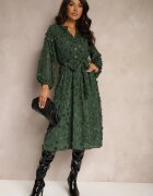 bisou's project Rochie Verde închis în croială trapezoidală cu curea cu nasturi la decolteu și aplicații 3D Etinlia