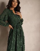bisou's project Rochie Verde închis în croială trapezoidală cu curea cu nasturi la decolteu și aplicații 3D Etinlia
