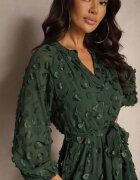 bisou's project Rochie Verde închis în croială trapezoidală cu curea cu nasturi la decolteu și aplicații 3D Etinlia