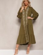 bisou's project Rochie Verde închis Midi cu croială trapezoidală cu broderii decorative în stil Boho Tactila