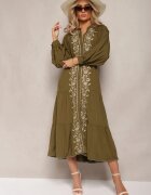 bisou's project Rochie Verde închis Midi cu croială trapezoidală cu broderii decorative în stil Boho Tactila