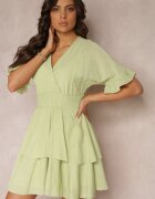 bisou's project Rochie Verde Lejeră Mini cu Volane și Elastic Lat în Talie Olleanne