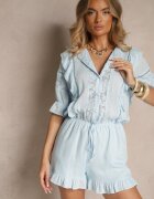 bisou's project Salopetă din vâscoză albastru deschis cu in în stil rustic cu dantelă și volane Linulia