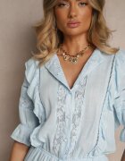 bisou's project Salopetă din vâscoză albastru deschis cu in în stil rustic cu dantelă și volane Linulia