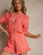 bisou's project Salopetă din viscoză portocalie cu in în stil rustic cu dantelă și volane Linulia
