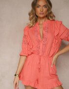 bisou's project Salopetă din viscoză portocalie cu in în stil rustic cu dantelă și volane Linulia