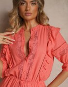 bisou's project Salopetă din viscoză portocalie cu in în stil rustic cu dantelă și volane Linulia