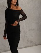 bisou's project Set Negru din Dantelă Fustă Creion și Longsleeve Off Shoulder Nerinaera