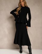 bisou's project Set Negru din Tricot cu Viscoză Fustă și Pulover cu Bască și cu Zirconii Nereza