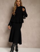 bisou's project Set Negru din Tricot cu Viscoză Fustă și Pulover cu Bască și cu Zirconii Nereza