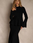 bisou's project Set Negru din Tricot cu Viscoză Fustă și Pulover cu Bască și cu Zirconii Nereza