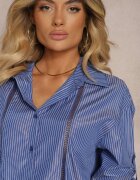 bludeise Cămașă bleumarin din bumbac cu dungi fine cu bandă decorativă ajurată Elvora