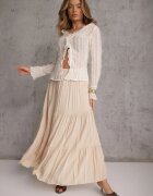 bludeise Fustă Bejă Vâscoză High Waist cu elastic în talie și volan Christiara