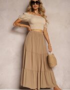 bludeise Fustă Viscoză Bej închis High Waist Cu elastic în talie și Volănaș Christiara