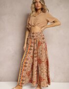 bludeise Pantaloni Bej cu picioare largi Palazzo High Waist cu elastic în talie Fiesa