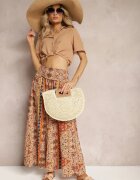 bludeise Pantaloni Bej cu picioare largi Palazzo High Waist cu elastic în talie Fiesa