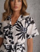 bludeise Rochie din bumbac cu imprimeu vegetal croială de cămașă și tip cravată Beithes Albastră