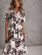 bludeise Rochie din bumbac cu imprimeu vegetal croială de cămașă și tip cravată Beithes Bordo