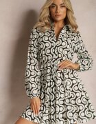 bludeise Rochie tip cămașă bej-neagră din bumbac cu model geometric Vearil