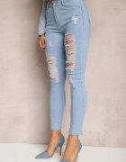 blue skk Blugi Albaștri Skinny Cu Talie Înaltă cu Rupturi și Găuri Aventoa